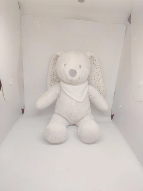 Doudou Lapin blanc gris bandana oreilles étoiles argent VERTBAUDET