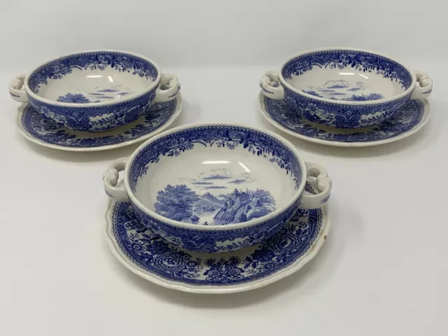 Villeroy & Boch Burgenland Blue Cream Soup & Saucer Horizontal Handle 3 Sets