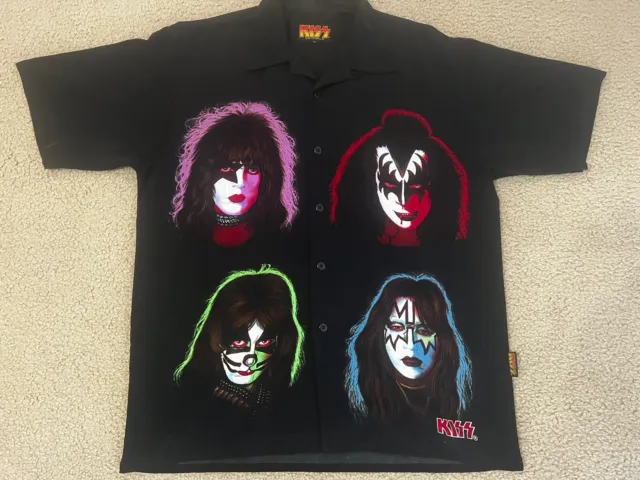 Vintage 2001 KISS Faces Casual Button Front Camp Shirt Officially Licensed Sz L