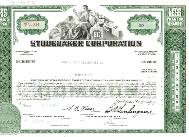 Studebaker Corporation Stock Certificate Less Than 100 Shares