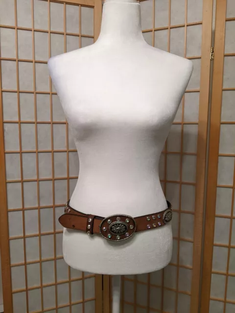 WOMEN’S WESTERN BELT Studded Bling Genuine Leather Size 34 Brown $25.00 ...