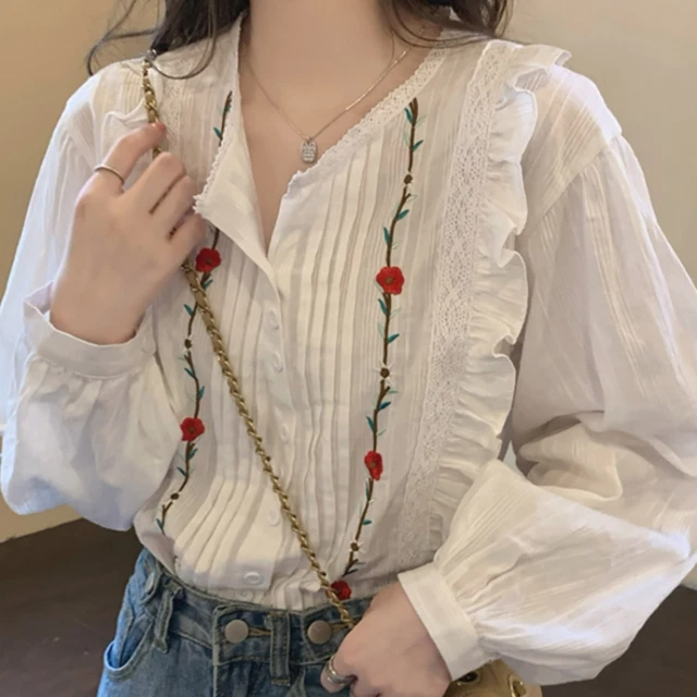 Donne Ragazze Lolita Camicia Pizzo Volant Top Fiore Ricamato Pulsante Camicetta
