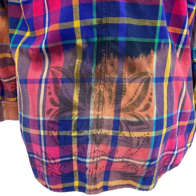Old Navy Womens Upcycled Plaid Button Up Size Small Boho Lotus Bleach Ombre Coat 2