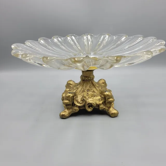 Vintage Brass And Glass Pedestal Candy Dish, 9"x4.5"