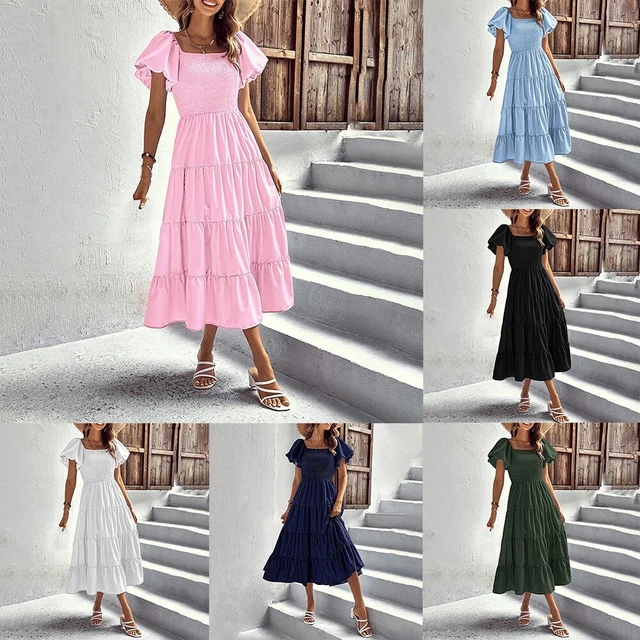 Vestito con collo Quadrato Donna Abito Midi Estivo Prendisole Spiaggia