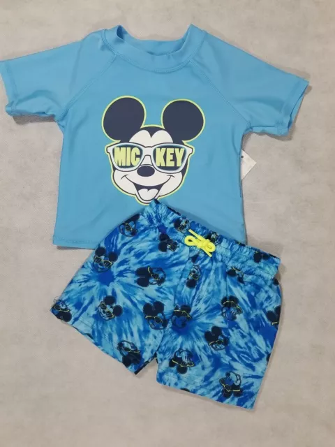 Disney Jumping Beans Boys Size 12m Mickey Mouse 2 pc Set Rash Guard Swim Trunks