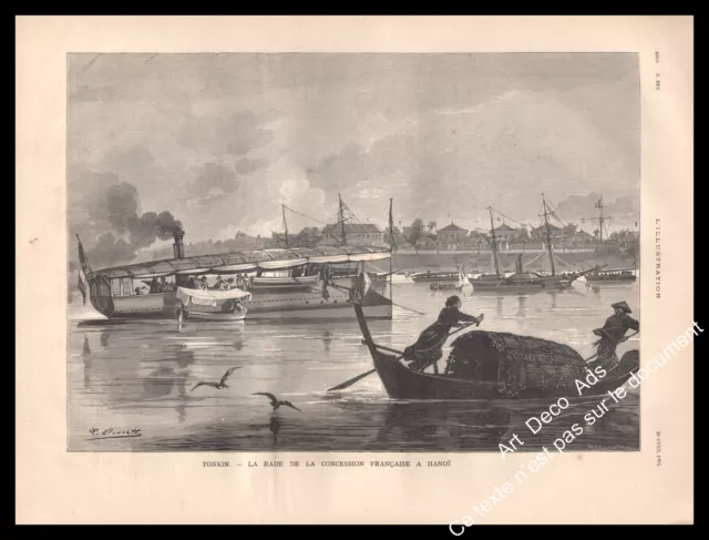 1883 Gravure , Hanoï  La Rade de la Concession Française Tonkin