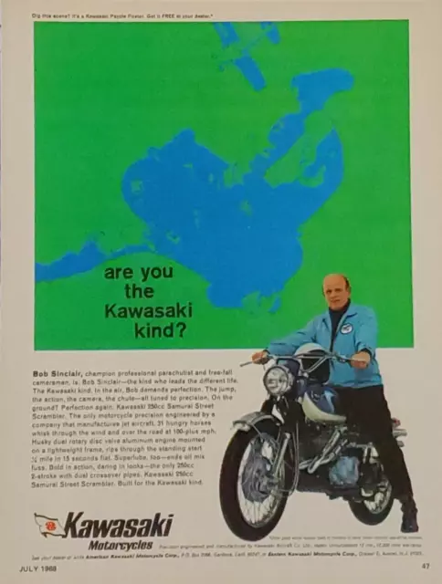 1968 KAWASAKI SAMURAI 250cc MOTORCYCLE COLOR PRINT AD BOB SINCLAIR STUNTMAN