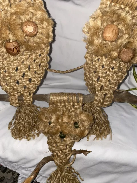 Vintage Mid Century Woven MACRAME OWLS on WOOD Sculpture Hippie Art WALL HANGER