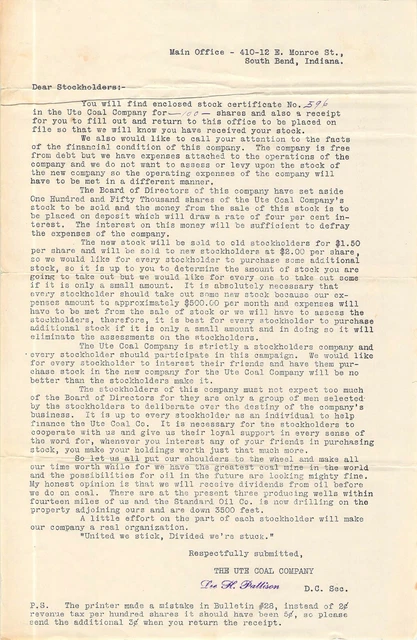 Ute Coal Stock Share Holder Letter Railroad Rr Railway Ry Rwy