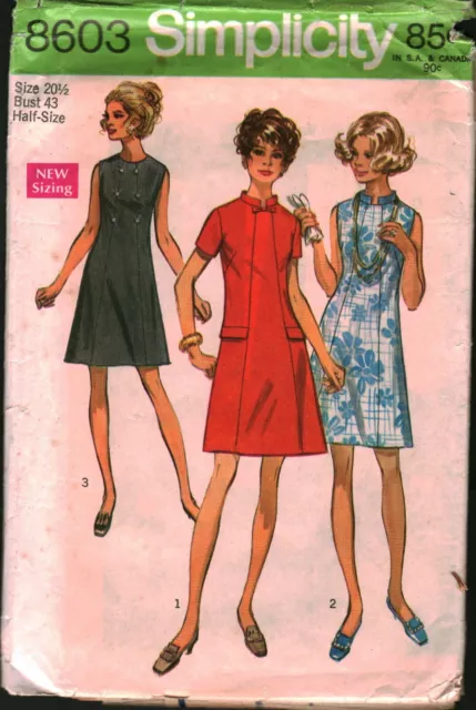 8603 Vintage Simplicity SEWING Pattern Misses One Piece Dress Half Sizes 1960s