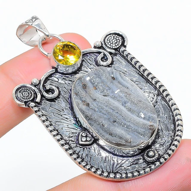 Desert Rose Druzy, Citrine Gemstone 925 Silver Jewelry Pendant 2.36" 28gm o043