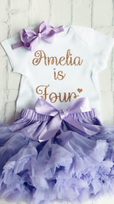 Personalised Girls 4th Birthday Four Outfit Fluffy Tutu Skirt Fourth Party Lilac