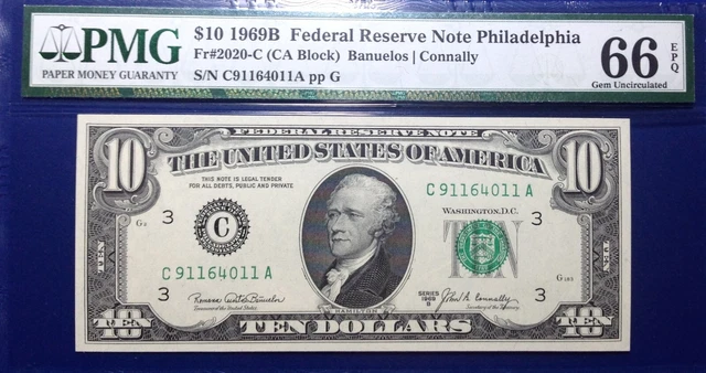 1969B $10 Federal Reserve Note Fr-2020-C Philadelphia PMG66 Gem EPQ