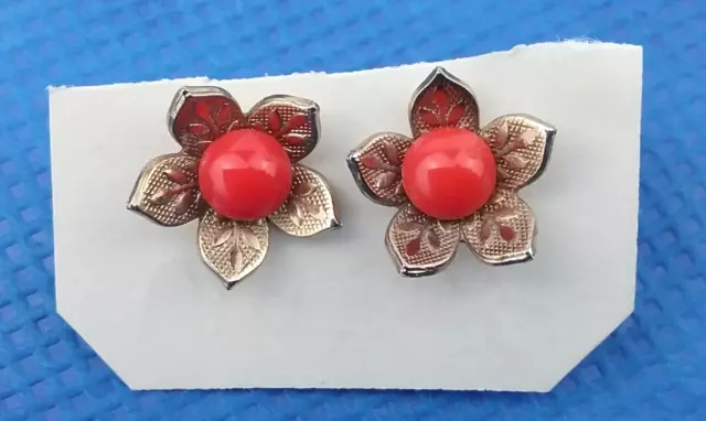 Italian Red Coral Beaded Gold Embossed Design Petals Post Stud Flower Earrings