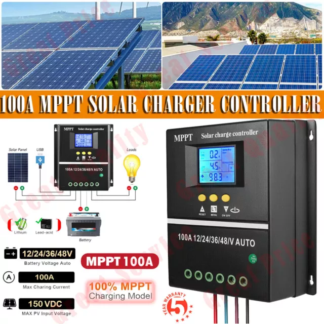 100A Autofocus100% MPPT Solar Charger Controller LCD Dual USB 12V 24V 36V 48V