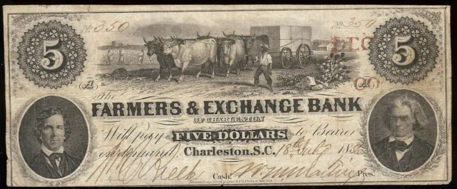 U.S.A. South Carolina, Farmers & Exchange B, Charleston $5 A, 18 July 1856 F/VF
