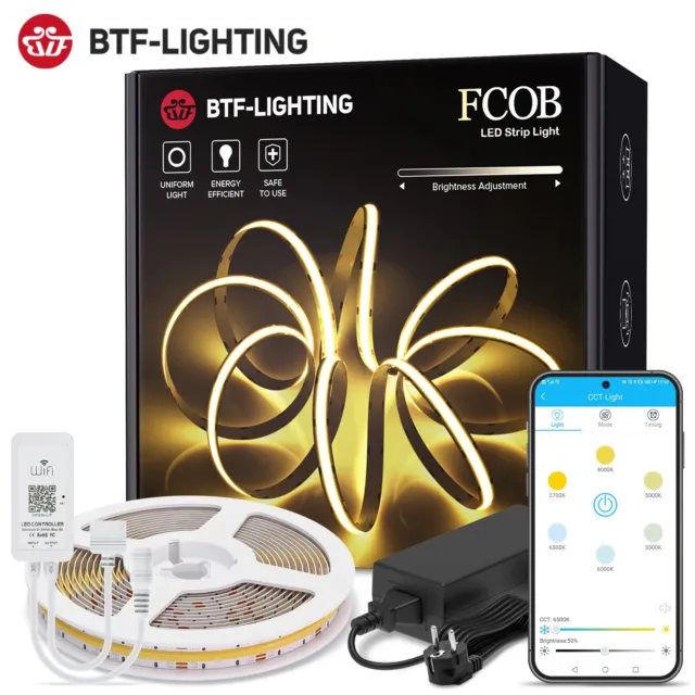 WiFi APP FCOB CCT LED Light Strip Set RA90 Dimmable 640 LEDs/m High Density Kit