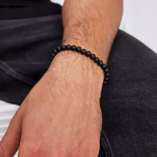 Bracciale di perle nere NERO OPACO da Uomo Donna in corda elastico braccialetto