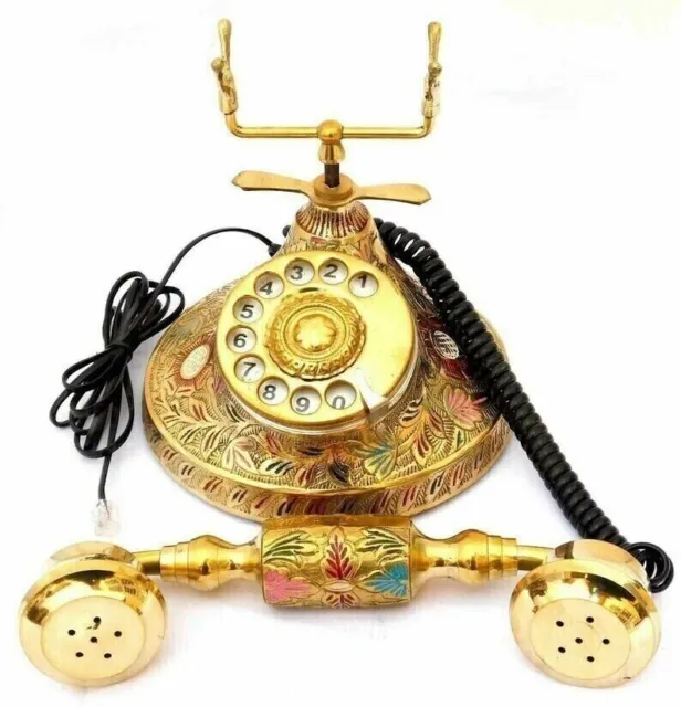 Old Fashioned Telephone Engraved Solid Brass Golden Finish  Vintage Rotary Phone