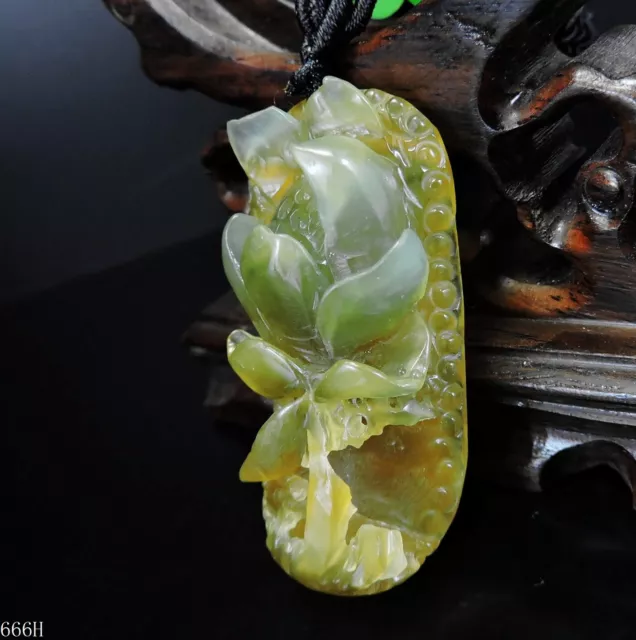 100% Natural Hand-carved Jade Pendant Jadeite Necklace lotus flower 666H
