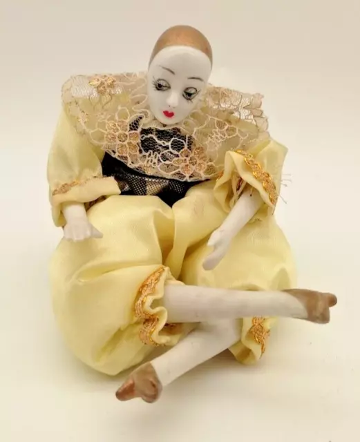 Vintage Pierrot Puppe Harlekin - 9 cm - Stoff, Gliedmaßen und Kopf aus Keramik