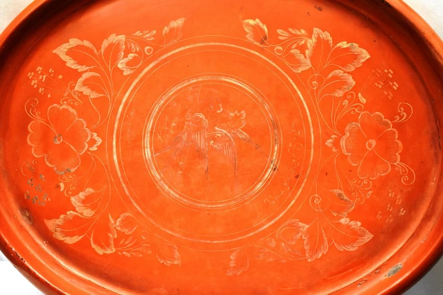 Antique Red Burmese Lacquered Tray Plate Floral Parrot Oval Shape Decorative "08 2