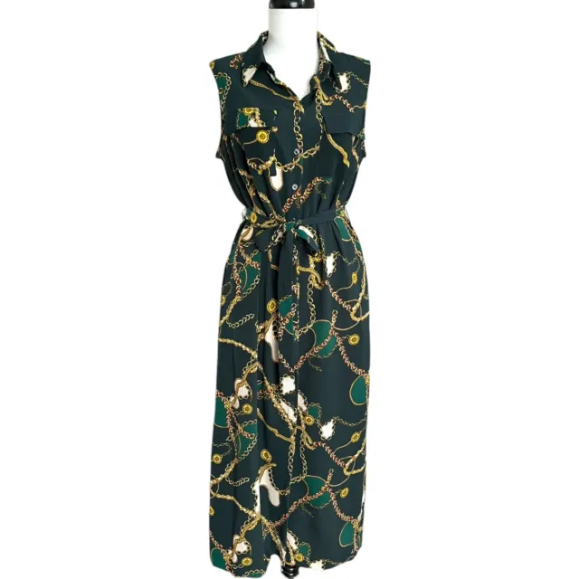 Donna Morgan Chain Print Maxi Dress Womens 10 Button Front Belted Equestrian