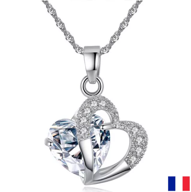 Pendentif Bijoux collier amour coeur cristal diamant argenté femme