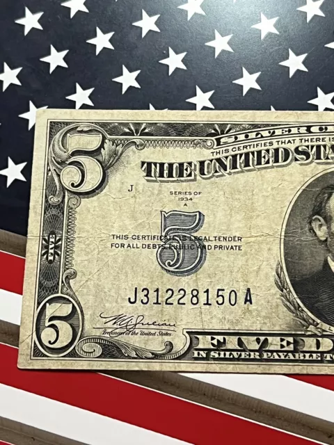 1934 A $5 Five Dollar Silver Certificate Blue Seal Nice Note J31228150A 4