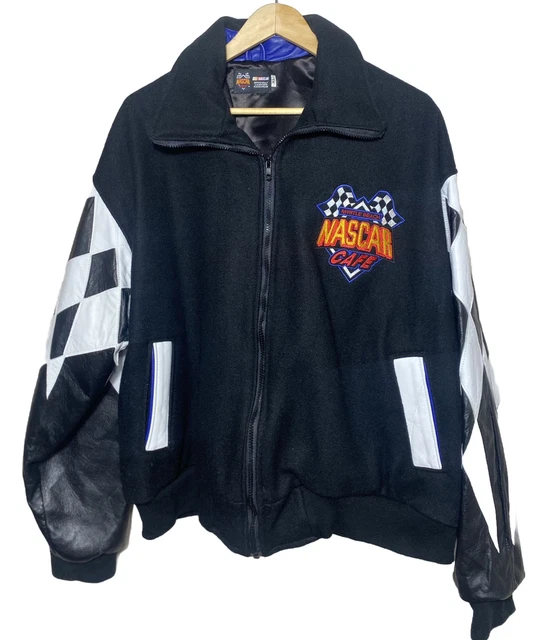 VTG 1996 NASCAR Cafe Mens Bomber Leather Jacket Sz XL Black White