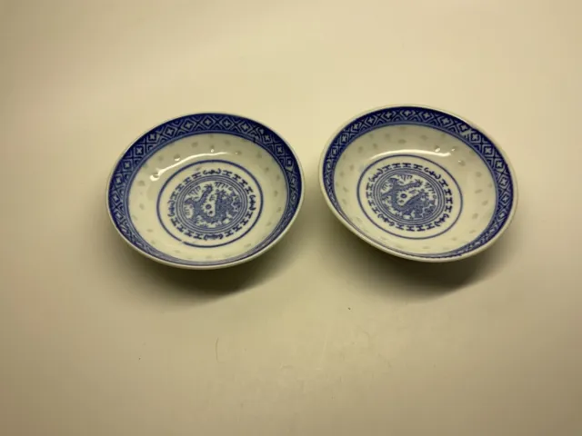 VTG PAIR (2)Chinese Blue White Porcelain Rice Pattern Sauce/Dipping Bowls-DRAGON