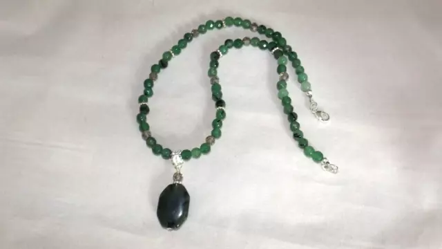 Natural Serpentine and  jade silver plated 18" necklace (#2254)