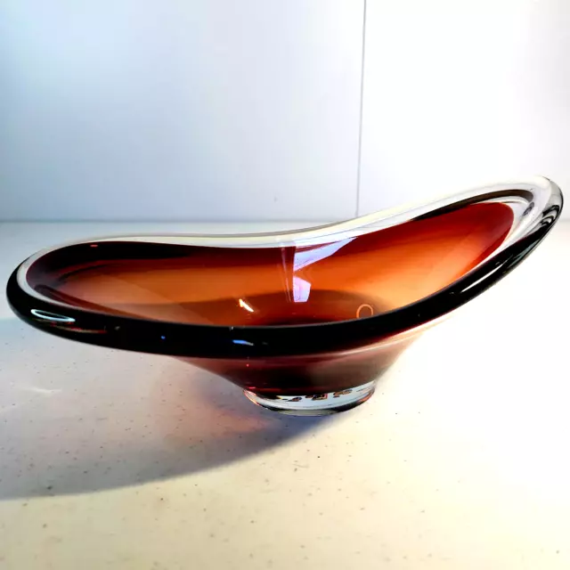 Vintage Mid Century Modern Murano Art Glass Dish Bowl Sommerso Red Clear Oblong