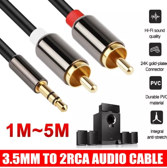 Premium Quality 3.5mm AUX to 2 RCA Cable Stereo Jack Braided Cord Gold Plated AU