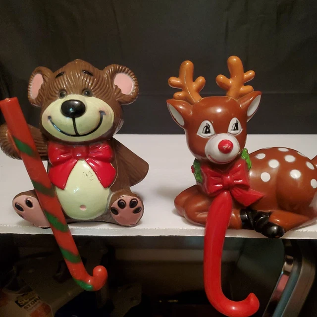Vintage Plastic Shelf Sitting christmas stocking holders Teddy bear deer 6" Long