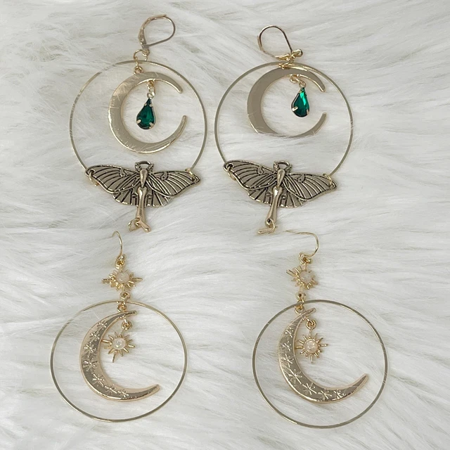 Lot Of 2 Pairs Sun Moon stars Celestial Dangle Earrings Gold Statement Boho set