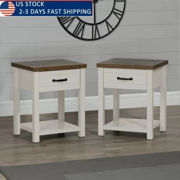Farmhouse Oak Top 1 Drawer Nightstand, Set of 2, Ivory