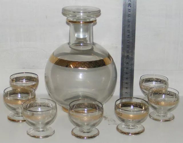 Ancienne Carafe Boule Bouchon Plat Frise Or+7 Verres Cristal?Service Liqueur 2