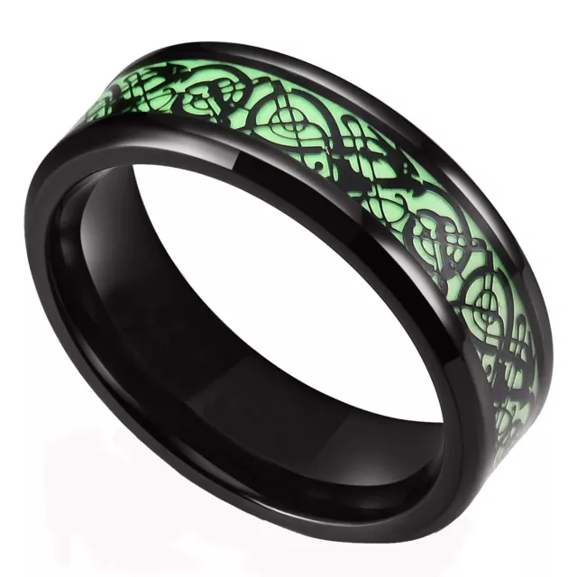 8mm Tungsten Ring Black Celtic Dragon Luminous Glow Mens Wedding Band