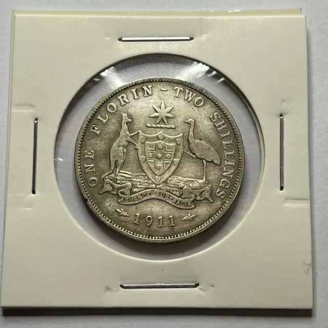 1911 Florin Coin - good Fine - Good Date Silver Predecimal Australian George V 3