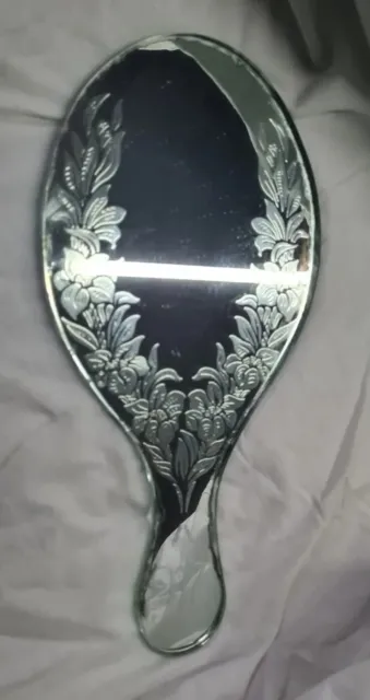 Antique  Glass  Vanity Hand Frameless Mirror Stunning Rare 12"