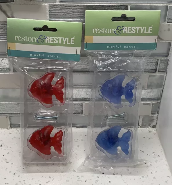 Set of 4 FISH Red and Blue Door Knobs Drawer Dresser Cabinet Handle Pulls VTG