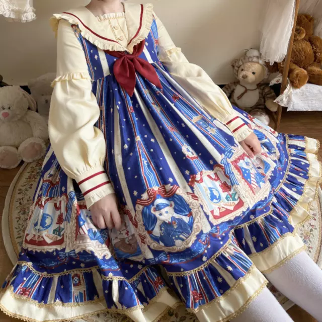 Femme Fille Lolita Imprimé Robe de Luxe Midi Princesse Japonais Marin Col