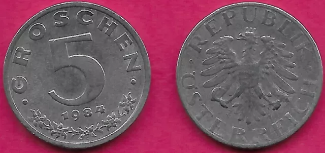 Austria 5 Groschen 1984 Vf Imperial Eagle With Austrian Shield On Breast,Ho