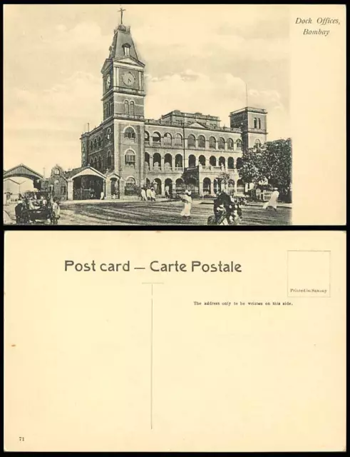 India Old Postcard Dock Offices Bombay Clock Tower Street Scene Natives Men Cart