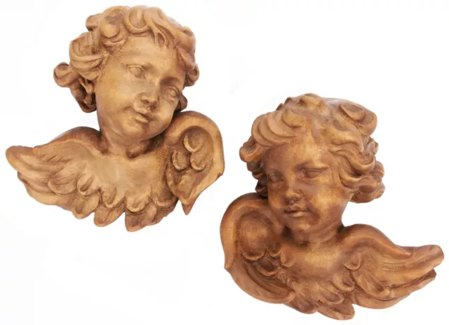 Pair Vintage Hand Carved Wood Cherub Angel Heads Wall Ornament Wooden Putto Old