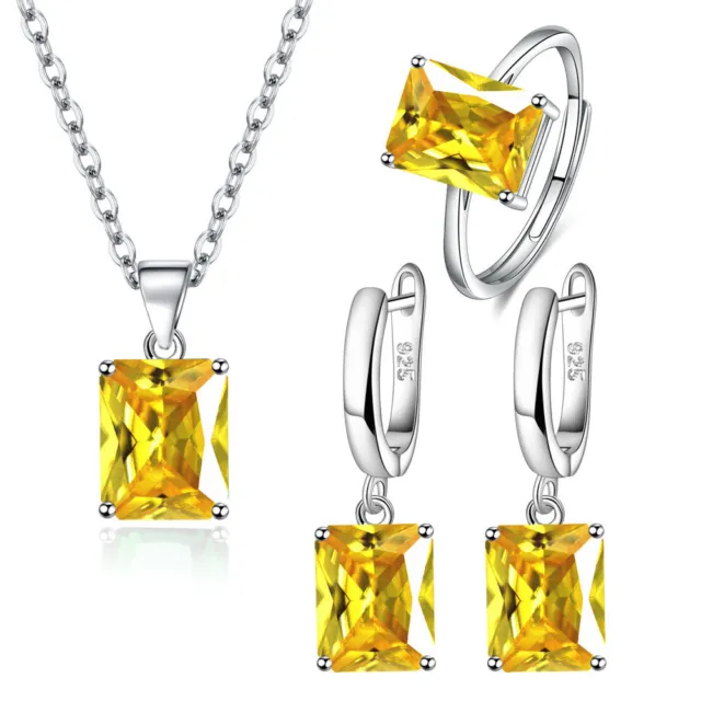 Hot 925 sterling Silver earrings necklace ring yellow square zircon jewelry set
