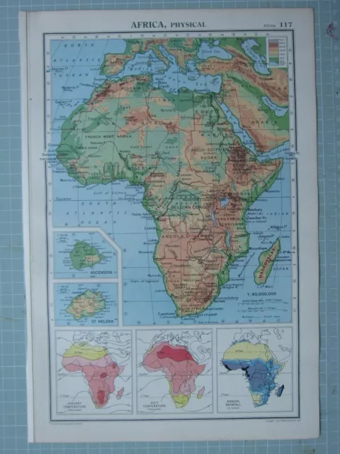 1943 Map Africa Physical January & July Temperature Annual Rainfall