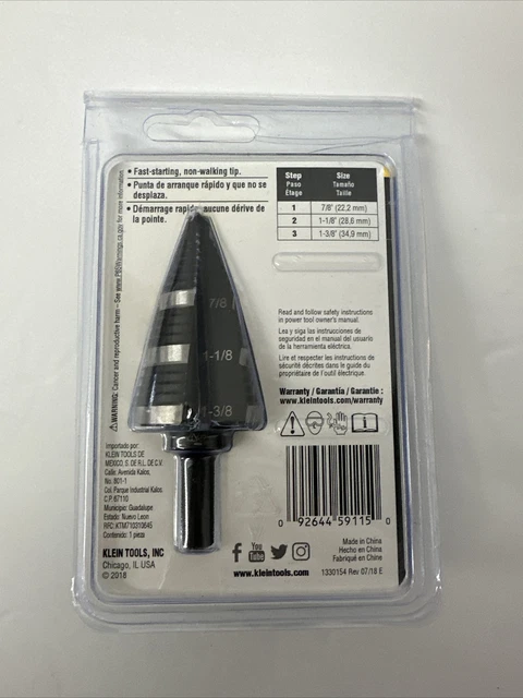 Klein Tools KTSB15 Step Drill Bit #15   7/8", 1-1/8", 1-3/8" NEW 2